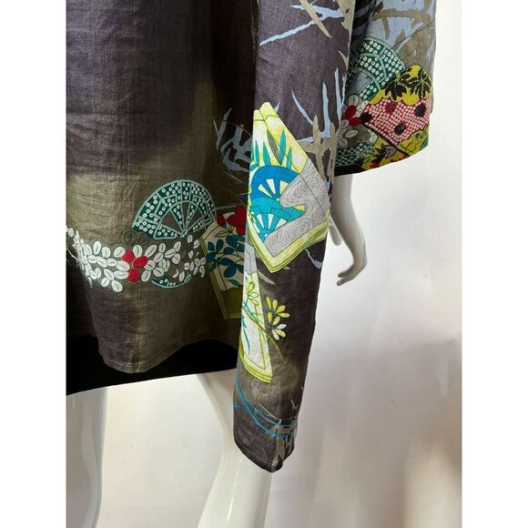 Citron Bohemian Kimono Shirt With Artistic Floral Print & Button Closure Sz 1X - Picture 3 of 12